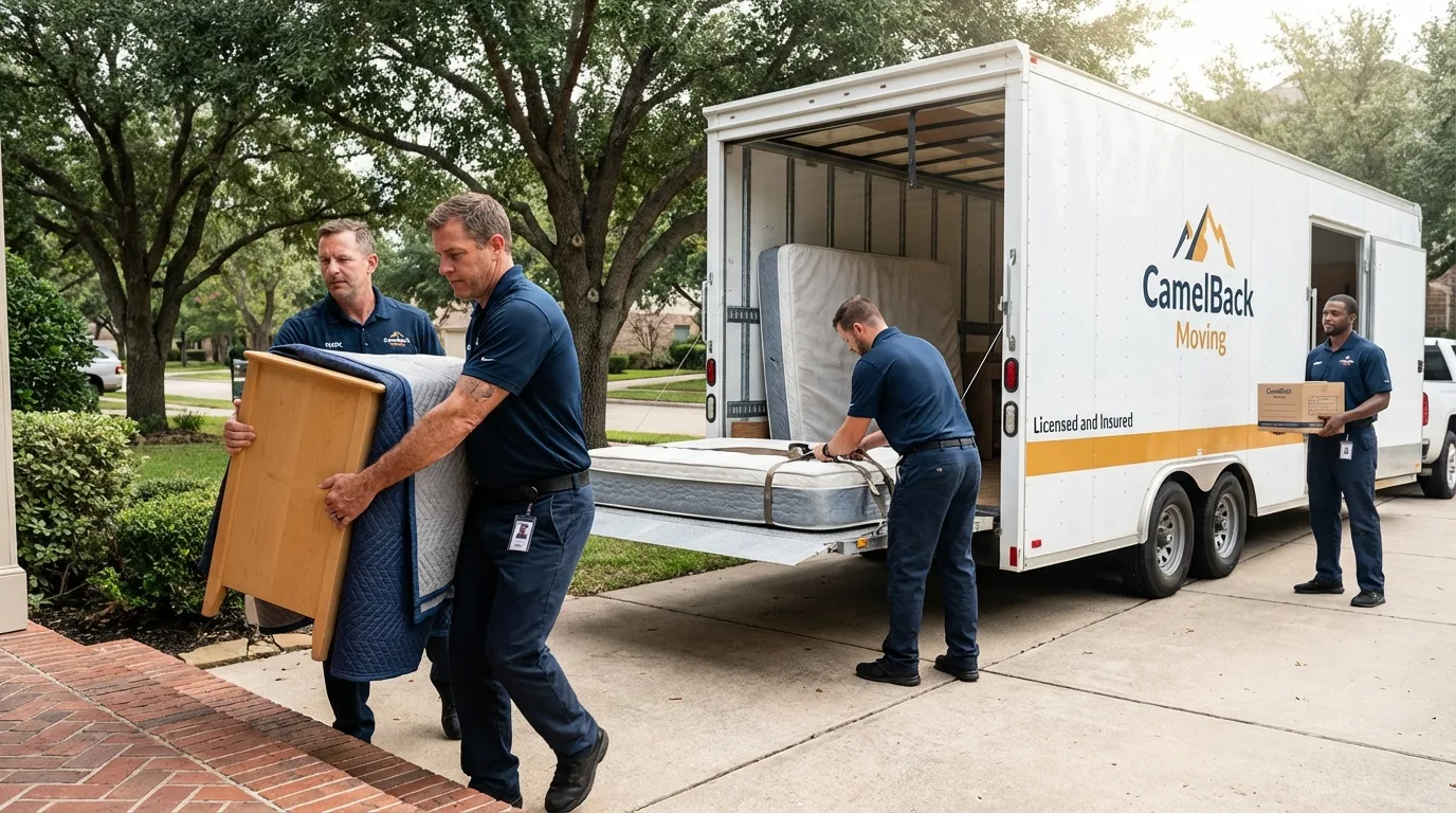 Crew loading residential truck for cross-state move from Babylon, NY