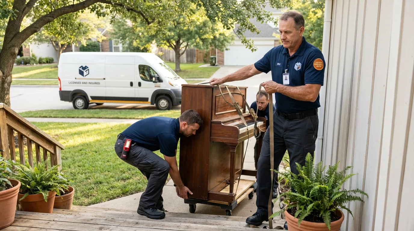 Licensed piano movers securing grand piano in Babylon, NY