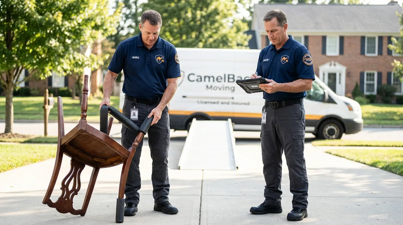 Movers inspecting furniture for damage prevention before loading in Babylon, NY